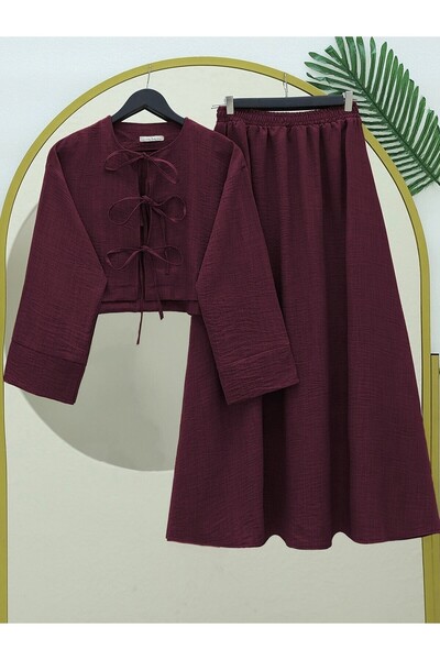 Modamorfo Λινό σετ με δαντέλα μπροστά και ελαστική μέση - μπορντό