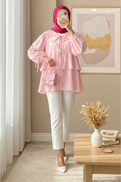 Modamorfo Κιμονό με δαντέλα μπροστά και στρώσεις στην φούστα - ροζ