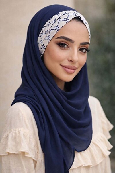 Aişe tesettür Μπλε ναυτικό σάλι με μοτίβο καπέλου και κορδόνι περίσφιξης