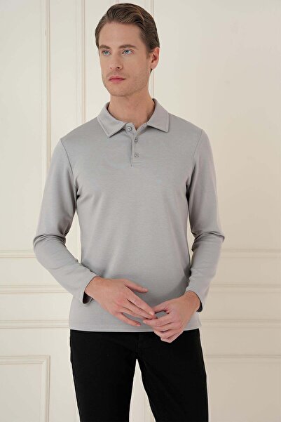 Efor Slim Fit Cotton Long Sleeve Buttoned Gray Polo Collar T-Shirt Ts 893