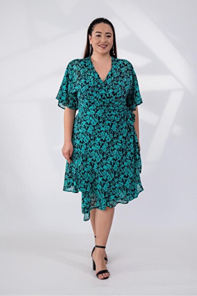 Roxxlen Γυναικείο φόρεμα σιφόν με διπλό στήθος και δέσιμο, σε μαύρο και πράσι...