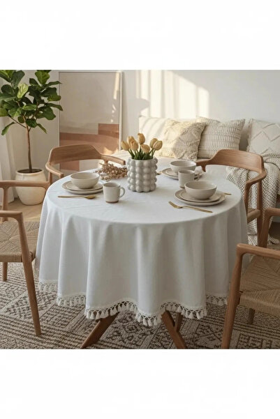 NDC HOME Τραπεζομάντηλο ΣΤΡΟΓΓΥΛΟ Ακατέργαστο Λινό Κρέμα Πομπόν