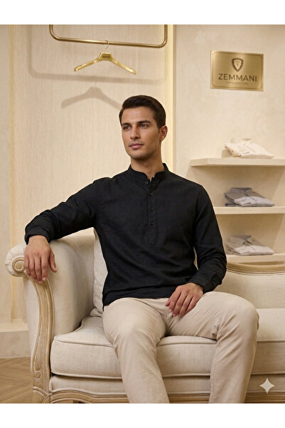 ATKGİYİM Erkek Siyah Hakim Yaka %100 Keten Slim Fit Uzun Kollu Gömlek"