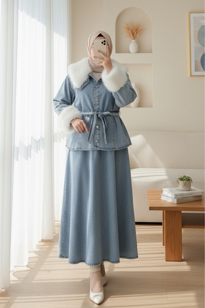 Modamorfo Βρεφικό κοστούμι τζιν με γιακά, γούνινο γιακά και μανίκια, και ζώνη...