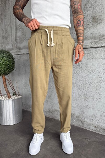 MADZEYMODA Ανδρικό παντελόνι με ελαστική μέση Boyfriend Fit Με πιέτες Khaki Λ...