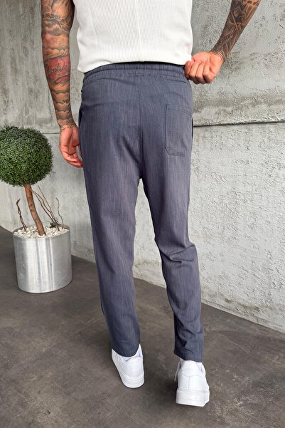 MADZEYMODA Erkek Beli Lastikli Boyfriend Kalıp Pileli Füme Keten Pantolon KE-1600
