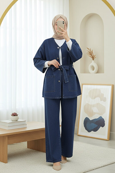 Modamorfo Τζιν κοστούμι με κουμπιά μπροστά, διπλές τσέπες και ζώνη - ίντιγκο