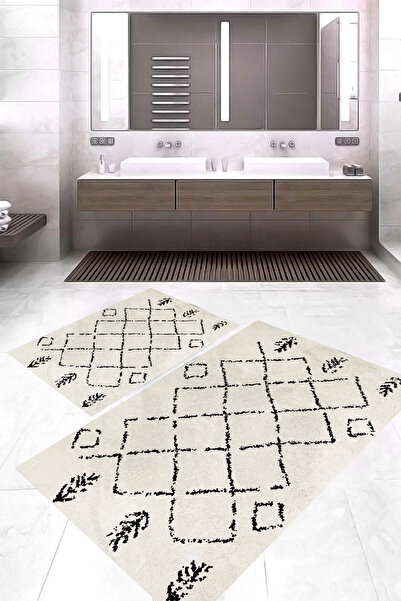 Liva home Siyah Beyaz Baklava Dijital Baskılı Banyo Paspas Takımı