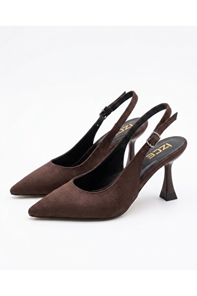 İZCE MODA Kadın topuklu sivri bilekten bağlayan kahverengi Süet