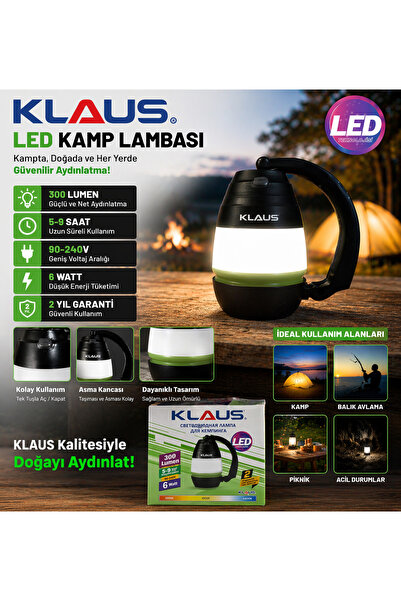 Klaus Siyah Şarjlı Kamp Işığı 6W 300Lum. 3000Mah KE47702