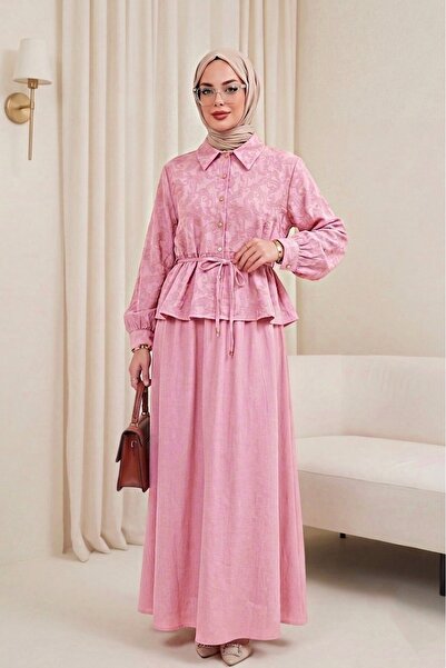 Modamorfo Σετ ζακάρ με πέτρινα κουμπιά και φούστα που δένει στη μέση - ροζ