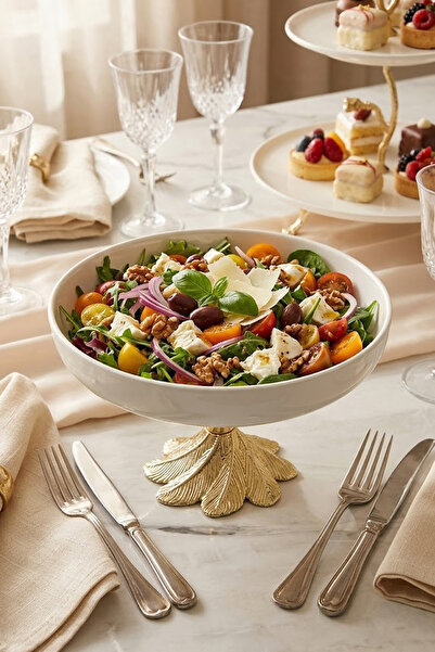 MAY HOME Μπολ παρουσίασης σαλάτας πορσελάνης με χρυσό πόδι & μπολ σερβιρίσματ...