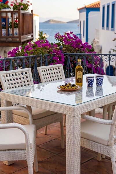 KalyonHome Gardeniza İbiza Rattan Bahçe Balkon Masa Takımı 90x160 Teras Yemek Seti Krem