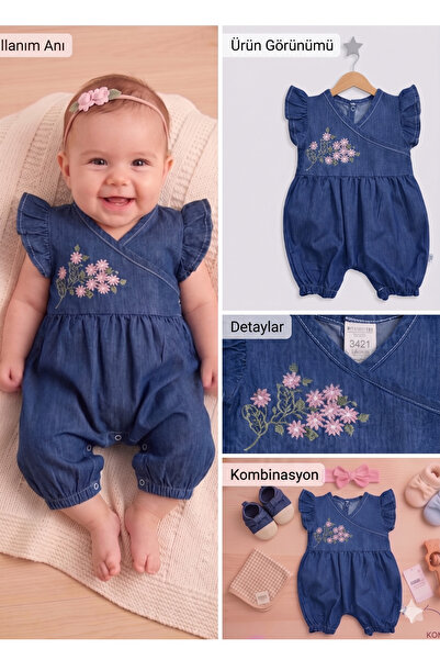 MYZİ STORE Βρεφική φόρμα τζιν για κορίτσια με κεντημένα μανίκια με βολάν, καλ...