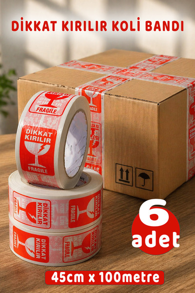 ASTOR AMBALAJ 6 Adet Dikkat Kırılır Bandı Kırılır Etiketli Bant 45mm X 100m K...