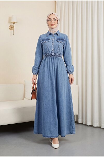 Modamorfo Τζιν Φόρεμα με Ελαστική Μέση και Μισό Κουμπί - Μπλε σαν το πάγο