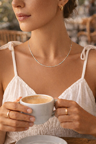 OJ Own Jewelry Turkuaz Boncuklu Çubuk Zincir Kolye 925 Ayar Gümüş Altın Kapla...
