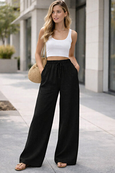 ikomteks Μαύρο λινό παντελόνι παλάτσο με ελαστική μέση