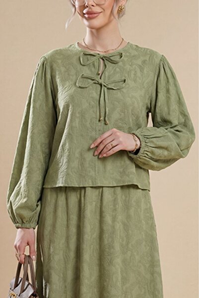 Modamorfo Σετ Ζακάρ με Ελαστικό Μανίκι, Δεμένο Γιακά και Φούστα -çağla Y.