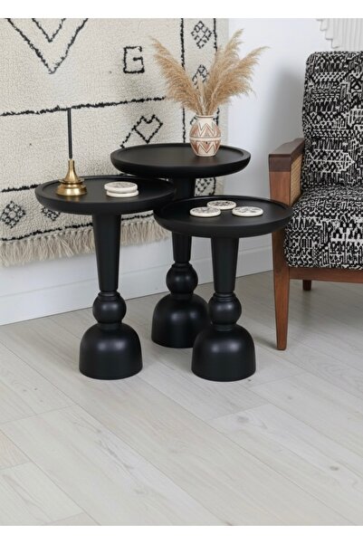 ASELYA HOME Doğal Ahşap 3’lü Set Siyah Mantar Yan Sehpa Modern Fiskos Zigon Ç...