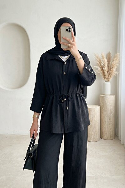 Modamorfo Βαμβακερό Σετ με Τούνελ Δέσιμο, Ελαστική Μέση και Παντελόνι - μαύρο