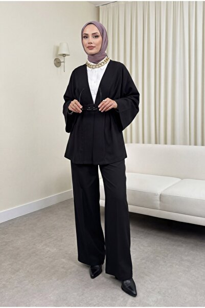 Modamorfo Σετ κιμονό με ζώνη και παντελόνι - μαύρο