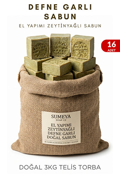 Sumeya Soap Co El Yapımı Zeytinyağlı Defne Garlı Doğal Sabun - 3 KG Telis Tor...