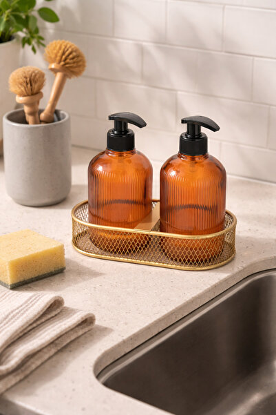 ANGDESİGN Δοχείο υγρού σαπουνιού Sea Glass 2 τεμαχίων - Μεταλλική χρυσή βάση ...