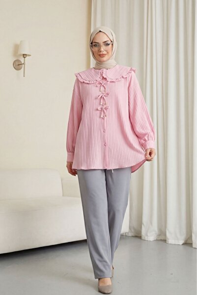 Modamorfo Πουκάμισο με κουμπιά και λεπτομέρεια κορδέλας μπροστά - ροζ