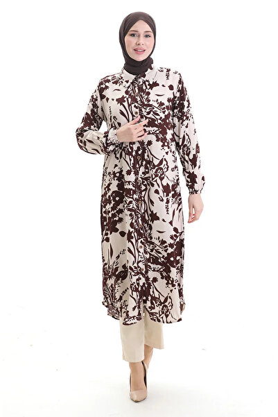 sefamerve Μακρύ τουνίκ με μοτίβο με κουμπιά 0094-02 Καφέ Μπεζ