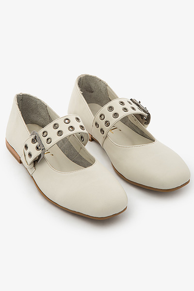 SAYL Κρεμ γυναικεία παπούτσια μπαλαρίνας από γνήσιο δέρμα με αγκράφα