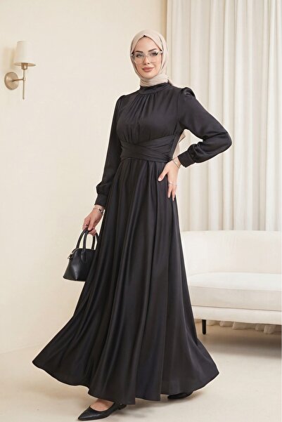 Modamorfo Σατέν φόρεμα με στρογγυλή λαιμόκοψη και δέσιμο στη μέση - μαύρο