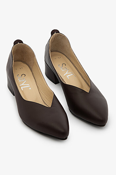 SAYL Καφέ Γνήσιο Δερμάτινο Γυναικεία Παπούτσια με Τακούνι V-Cut Block