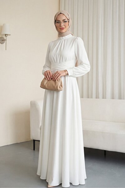 Modamorfo Σατέν φόρεμα με στρογγυλή λαιμόκοψη και δέσιμο στη μέση - λευκό