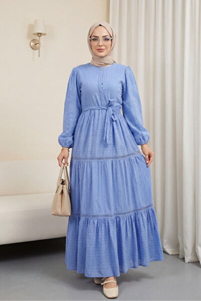 Modamorfo Ruffled Skirt Dress with Lace Ribbon Detail -Blue