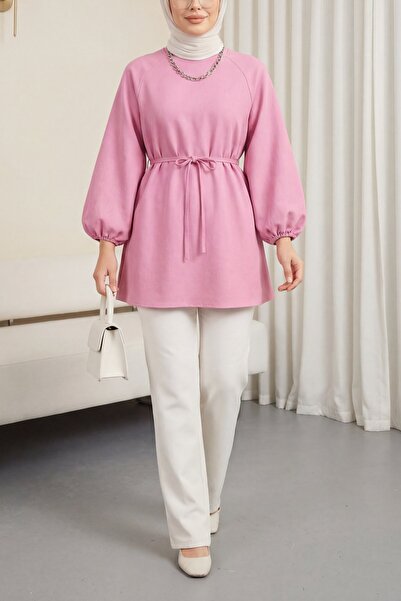 Modamorfo Τουνίκ με στρογγυλή λαιμόκοψη, δεμένη μέση και μανίκια μπαλόνι - ροζ