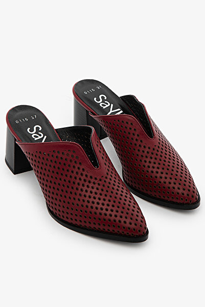 SAYL Γυναικείες παντόφλες με τακούνι από γνήσιο δέρμα μπορντό, διάτρητες, με ...