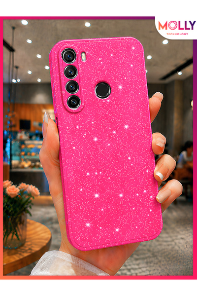 Molly Xiaomi Redmi Note 8 İçin Neon Pembe Berry Simli Parlak Silikon Kılıf