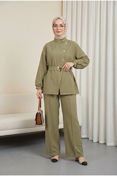 Modamorfo Gold buttoned, buckled, belted, ruffle detailed cupra set - khaki