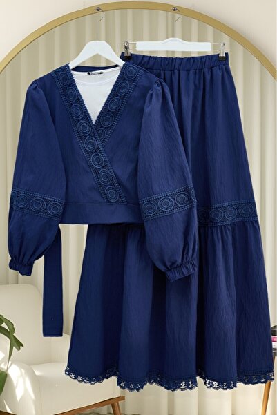 Modamorfo Lace-Detail Tie-Detail Elastic-Cuff Crinkle Skirt Set -Navy