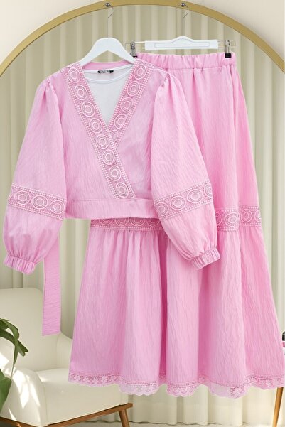 Modamorfo Lace Detailed Tie-Up Sleeve Elastic Waist Skirt Set - Pink