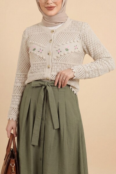 Modamorfo Floral Embroidered Pompom Buttoned Knitwear Cardigan - Stone