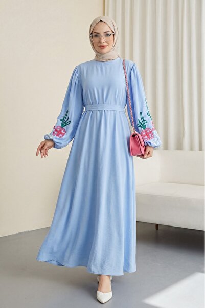 Modamorfo Dress with Balloon Sleeves and Embroidered Belt - Blue
