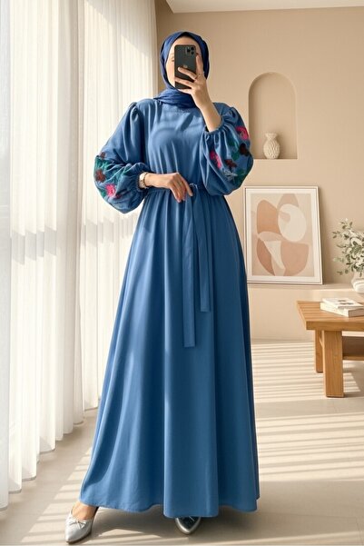 Modamorfo Balloon Embroidered Belt Dress with Sleeves - Dark Blue