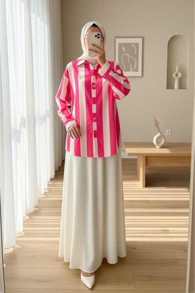 Modamorfo Πουκάμισο με χοντρές ρίγες και κουμπιά - φούξια