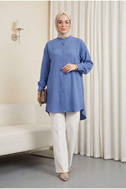 Modamorfo Πουκάμισο με οβάλ κοπή και μανσέτες με ντραπέ - ινδιγκό