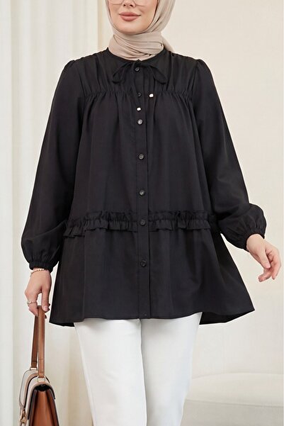 Modamorfo Robadan Elastic Skirt with Ruffles and Buttons Poplin Tunic - Black