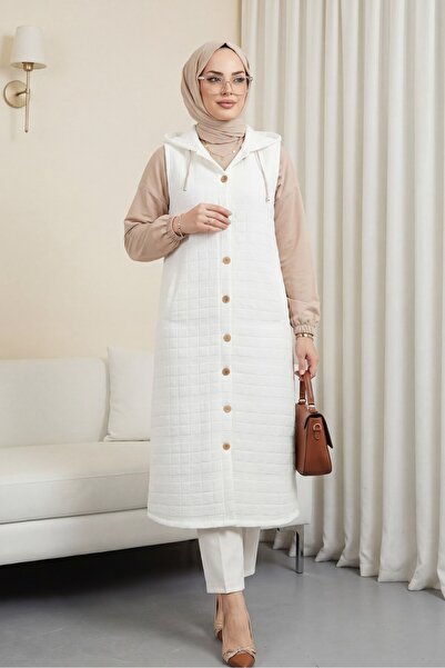 Modamorfo Καπιτονέ γιλέκο με κουκούλα και λεπτομέρεια αλυσίδας με κουμπιά μπρ...