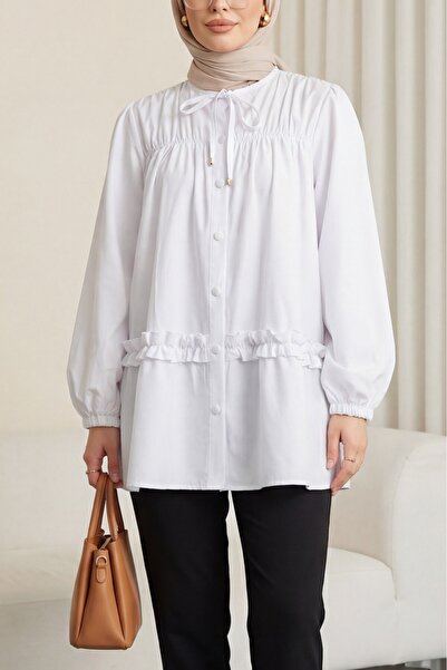 Modamorfo Robadan Elastic Skirt with Ruffles and Buttons Poplin Tunic - White