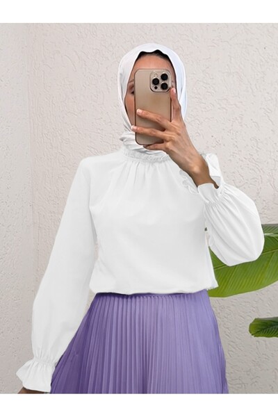 Modamorfo Μπλούζα με σούρες στο λαιμό - λευκή